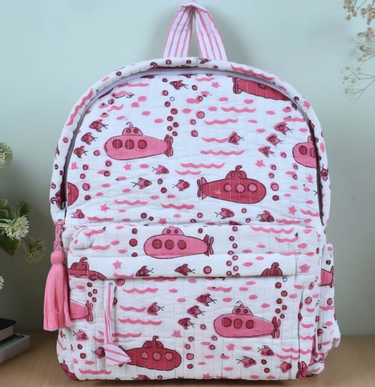 Submarine print hand block-printed cotton kids backpack – additional detail