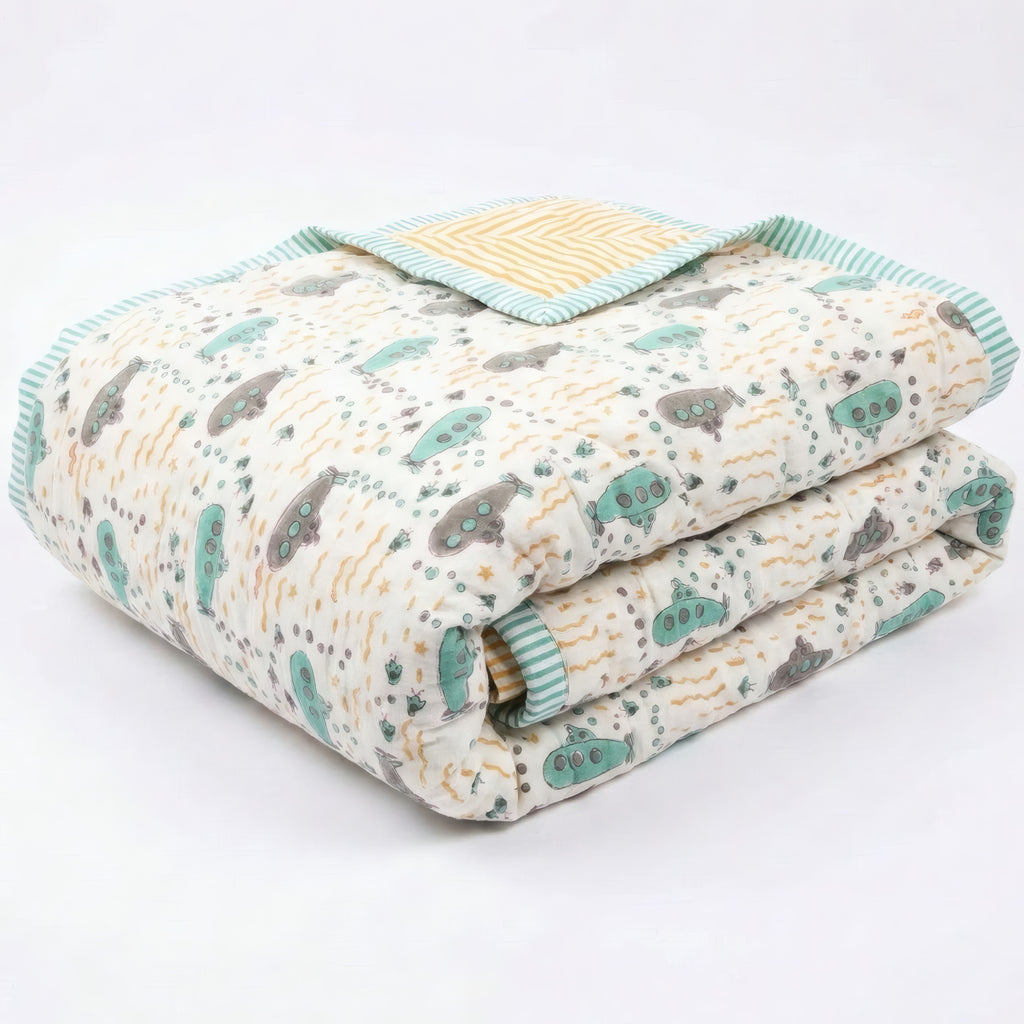 Submarine print hand block-printed reversible cotton voile kids quilt (razai) – print detail close-up