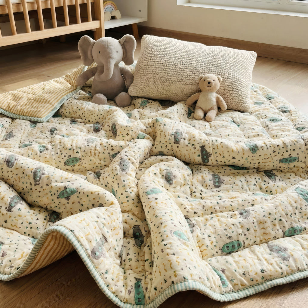 Submarine print hand block-printed reversible cotton voile kids quilt (razai) – additional lifestyle