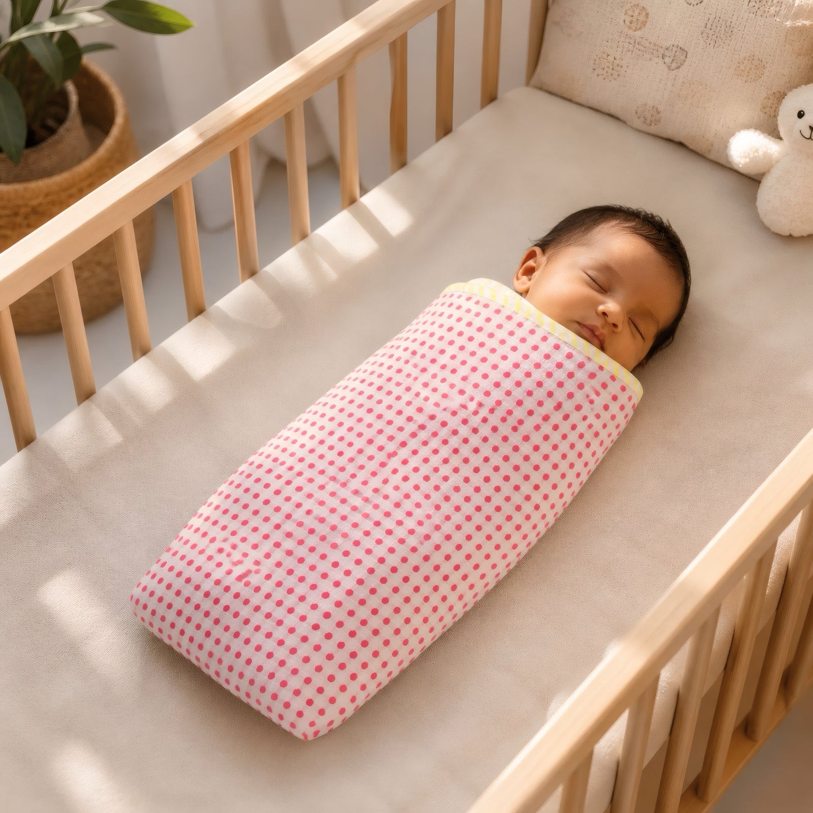 Sunburst & Polka Dot print hand block-printed cotton muslin baby swaddle set