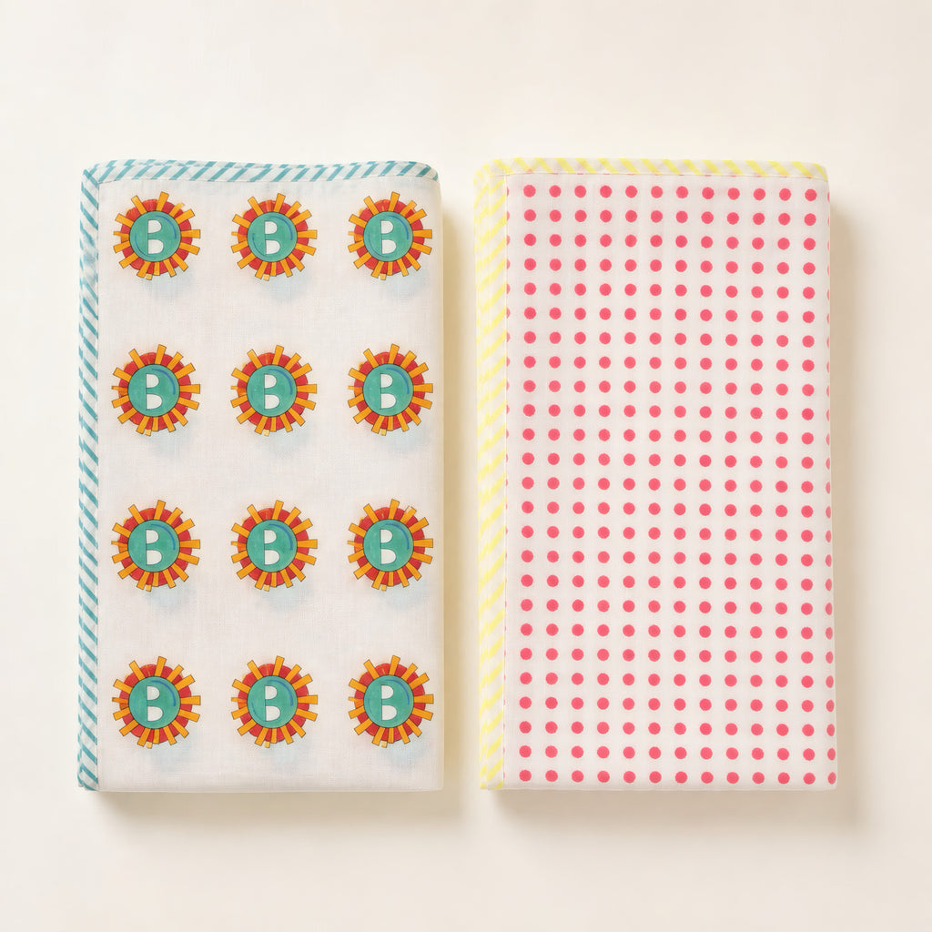 Sunburst & Polka Dot print hand block-printed cotton muslin baby swaddle set
