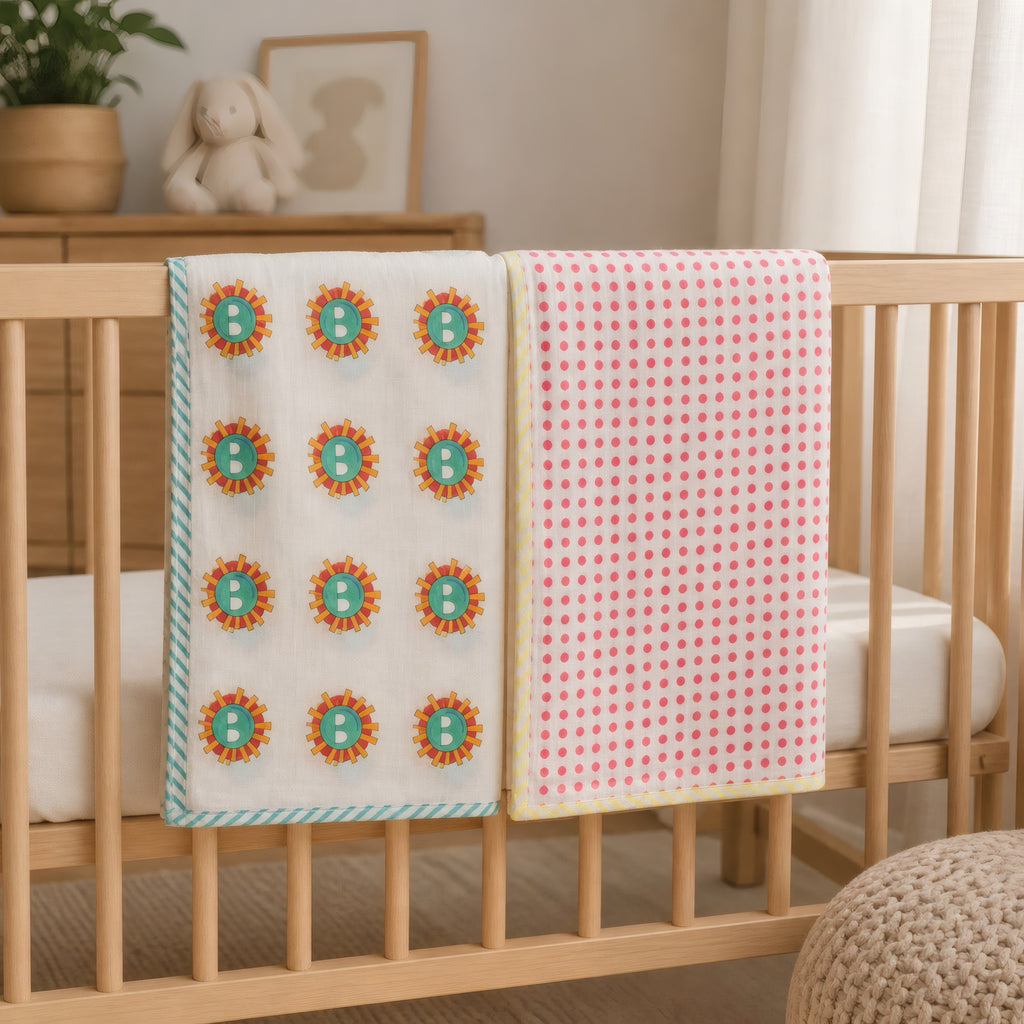 Sunburst & Polka Dot print hand block-printed cotton muslin baby swaddle set