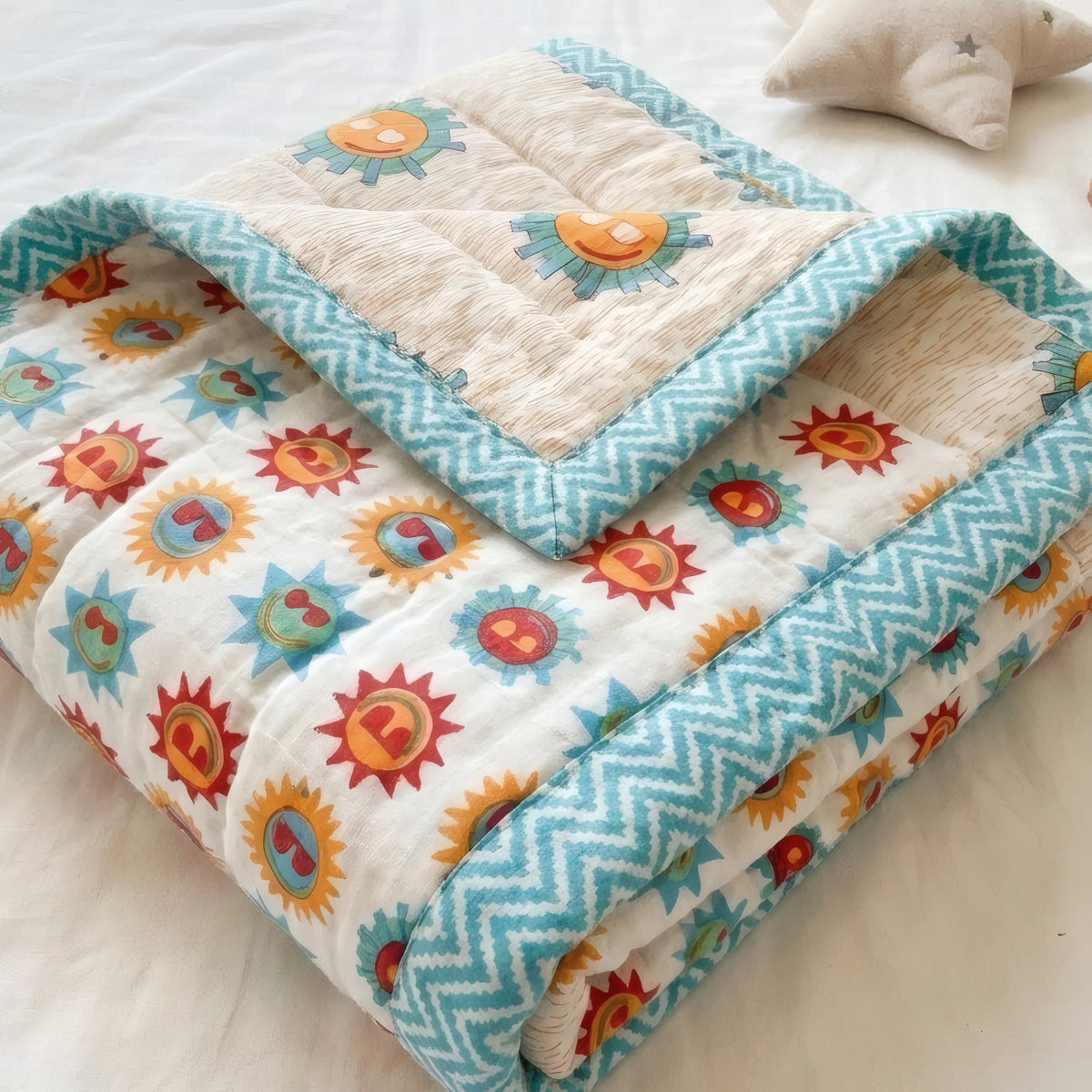 Sunshine print hand block-printed reversible cotton voile kids quilt (razai) – lifestyle - bed