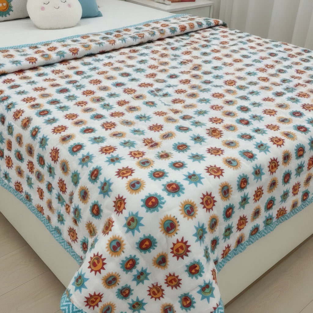 Sunshine print hand block-printed reversible cotton voile kids quilt (razai) – reverse side