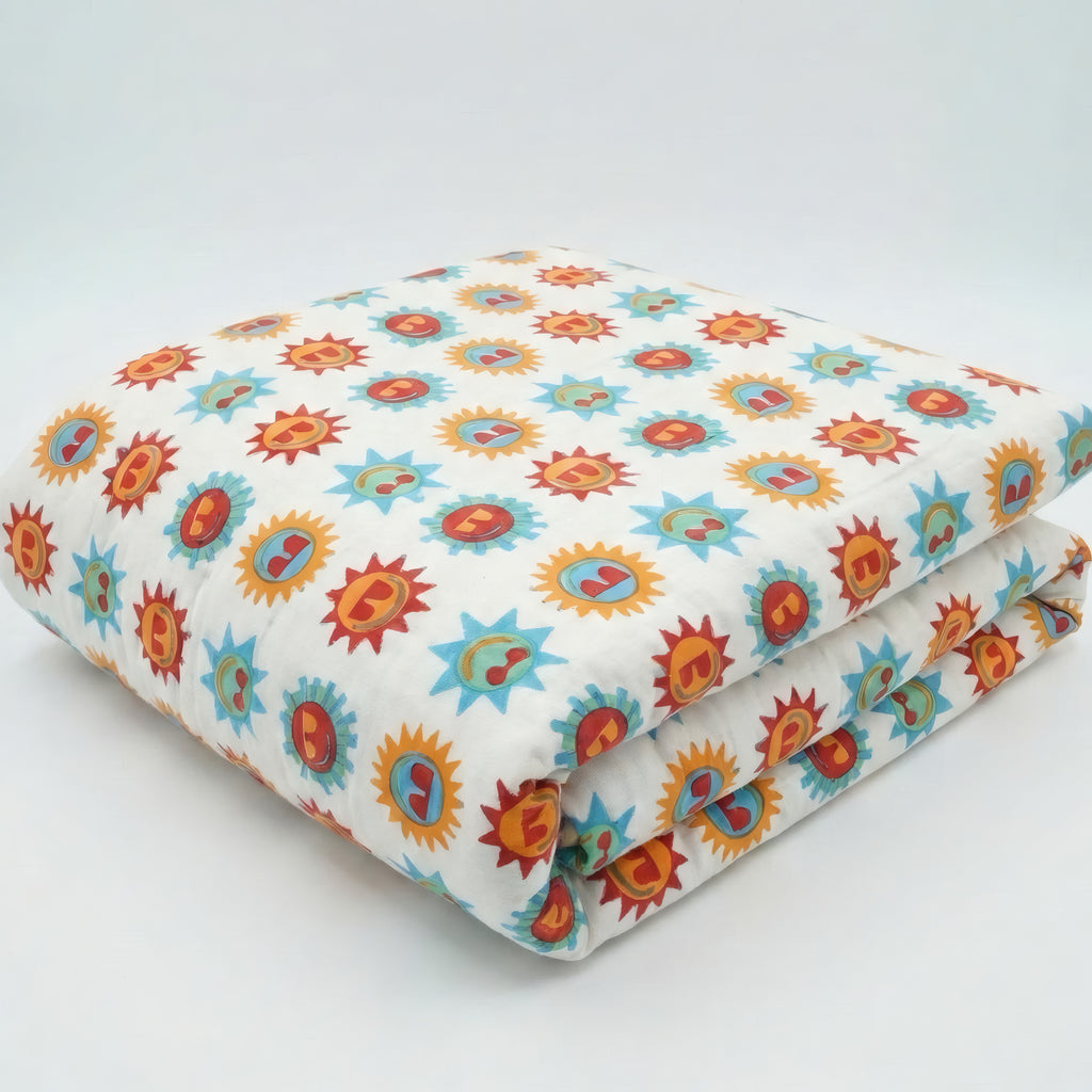 Sunshine print hand block-printed reversible cotton voile kids quilt (razai) – additional detail