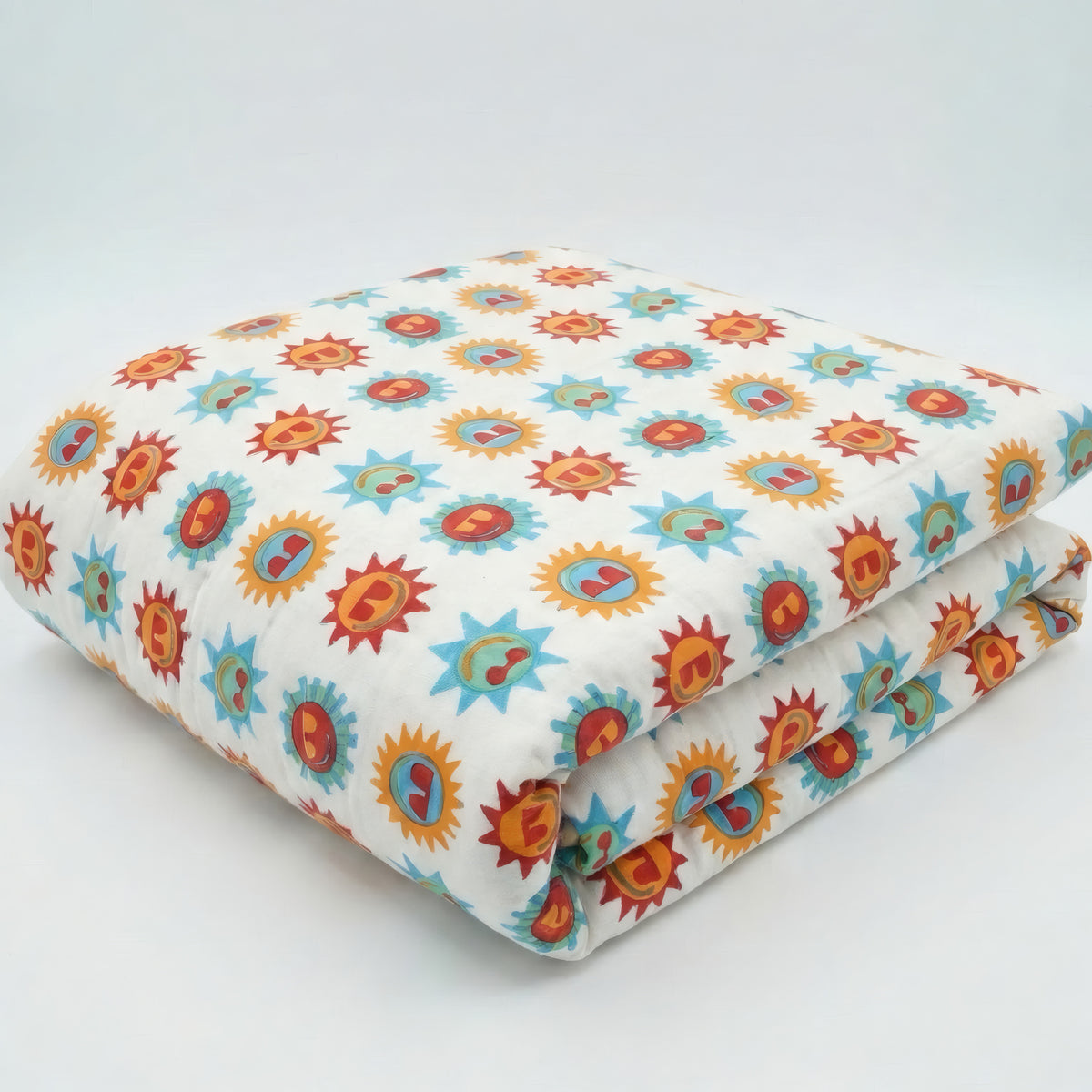 Sunshine print hand block-printed reversible cotton voile kids quilt (razai) – additional detail
