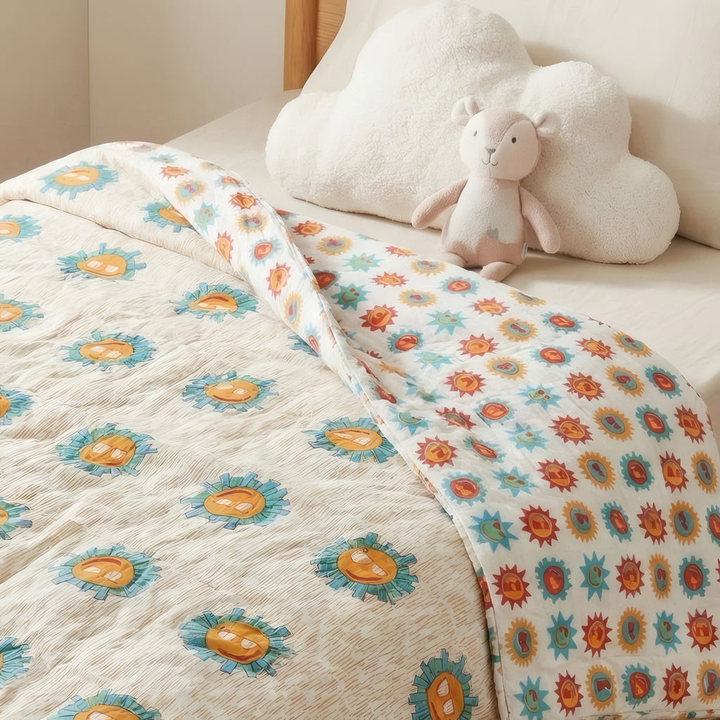 Sunshine print hand block-printed reversible cotton voile kids quilt (razai) – additional angle