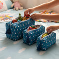Teal Penguin print hand block-printed cotton toiletry pouch set – hero — set together, use 1