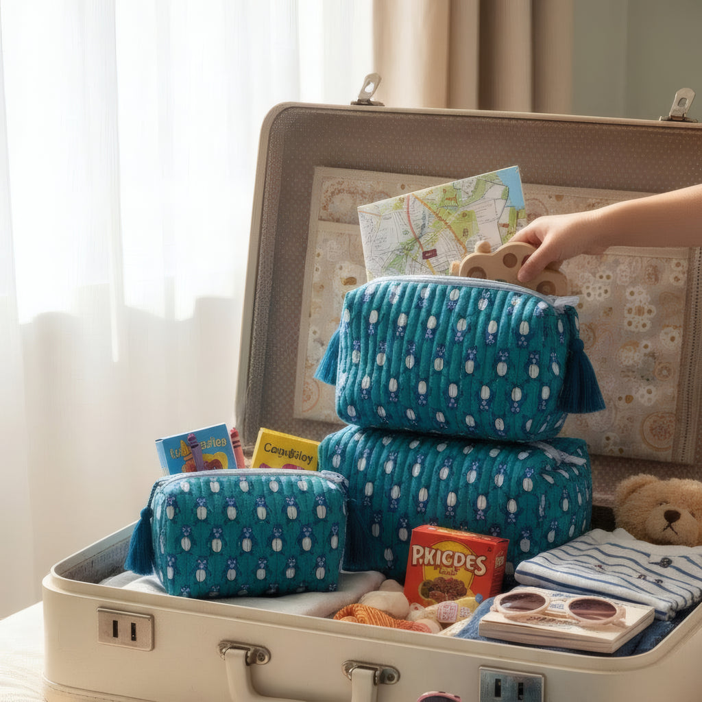 Teal Penguin print hand block-printed cotton toiletry pouch set – set together, use 2 (alt scene)