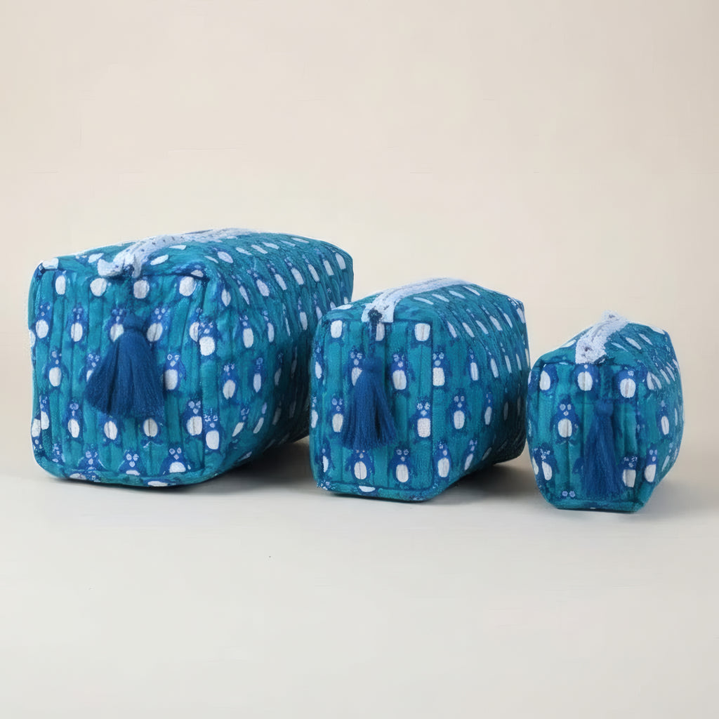 Teal Penguin print hand block-printed cotton toiletry pouch set – additional detail