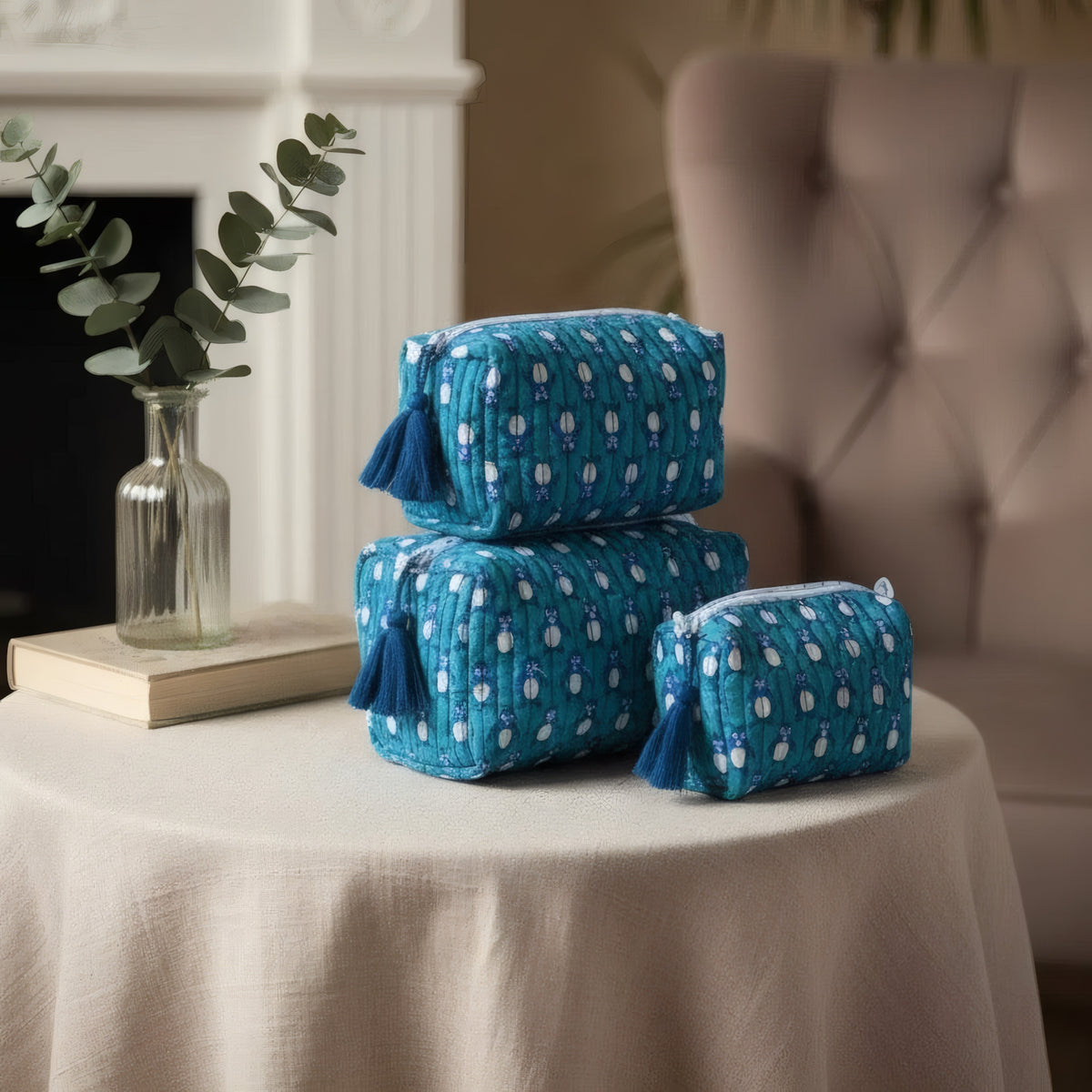 Teal Penguin print hand block-printed cotton toiletry pouch set – additional lifestyle