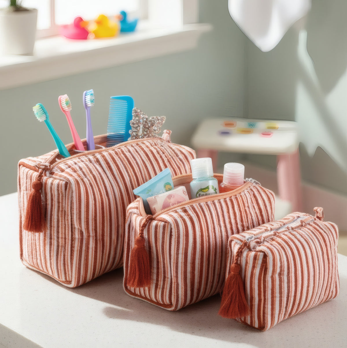 Terracotta Stripe print hand block-printed cotton toiletry pouch set – hero — set together, use 1