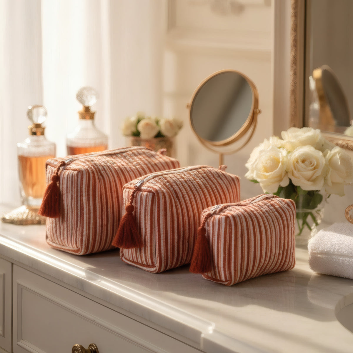 Terracotta Stripe print hand block-printed cotton toiletry pouch set – set together, use 2 (alt scene)