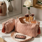 Terracotta Stripe print hand block-printed cotton toiletry pouch set – additional angle