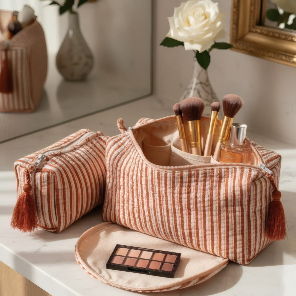 Terracotta Stripe print hand block-printed cotton toiletry pouch set – additional angle
