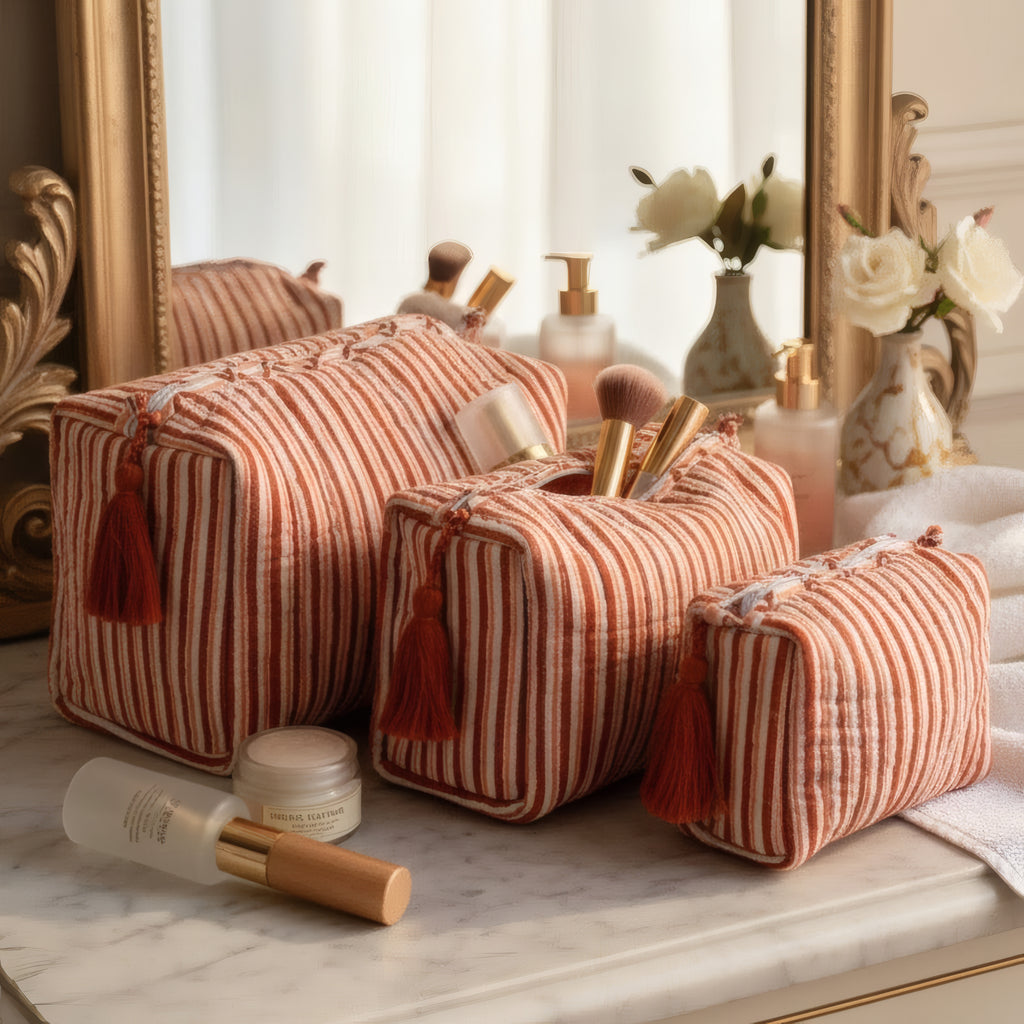 Terracotta Stripe print hand block-printed cotton toiletry pouch set – additional lifestyle