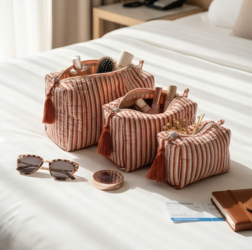 Terracotta Stripe print hand block-printed cotton toiletry pouch set – additional lifestyle
