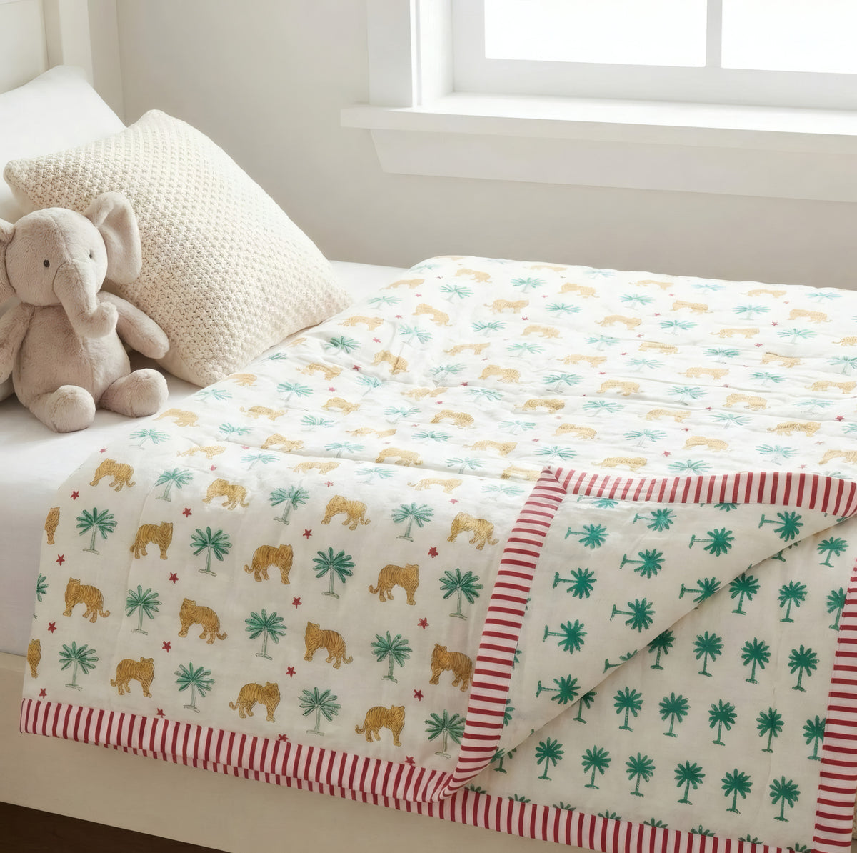 Tiger Jungle print hand block-printed reversible cotton voile kids quilt (razai) – lifestyle - bed