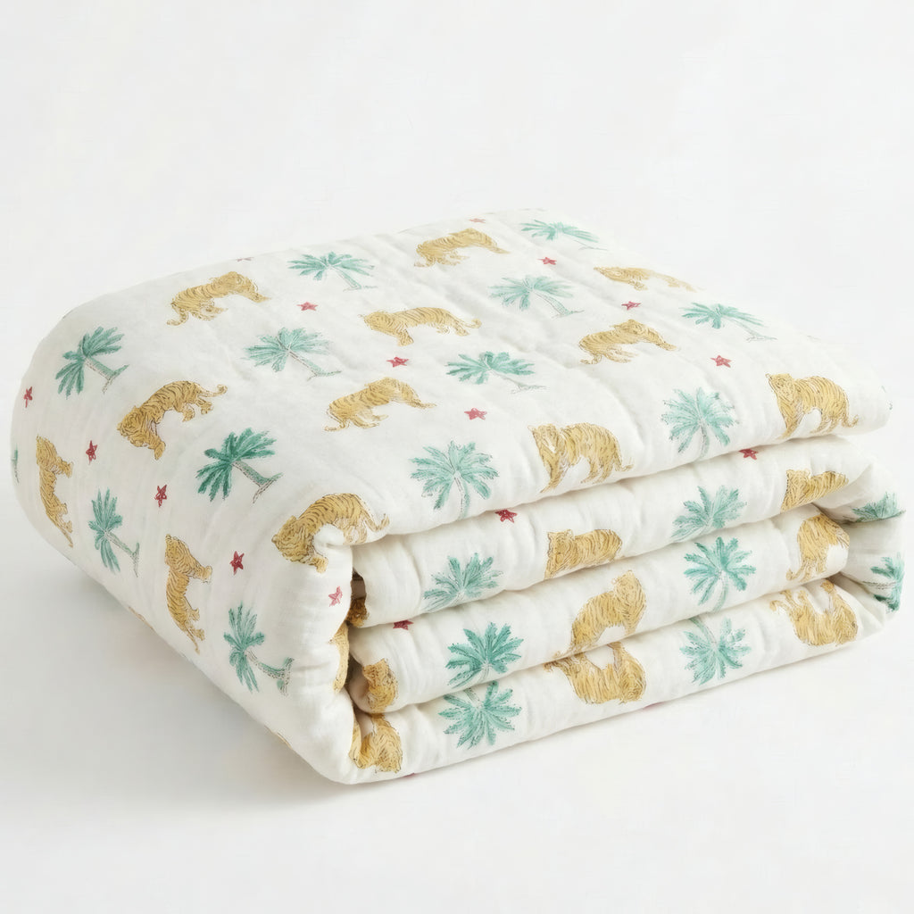 Tiger Jungle print hand block-printed reversible cotton voile kids quilt (razai) – lifestyle - play mat