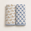 Unicorn & Dolphin print hand block-printed cotton muslin baby swaddle set