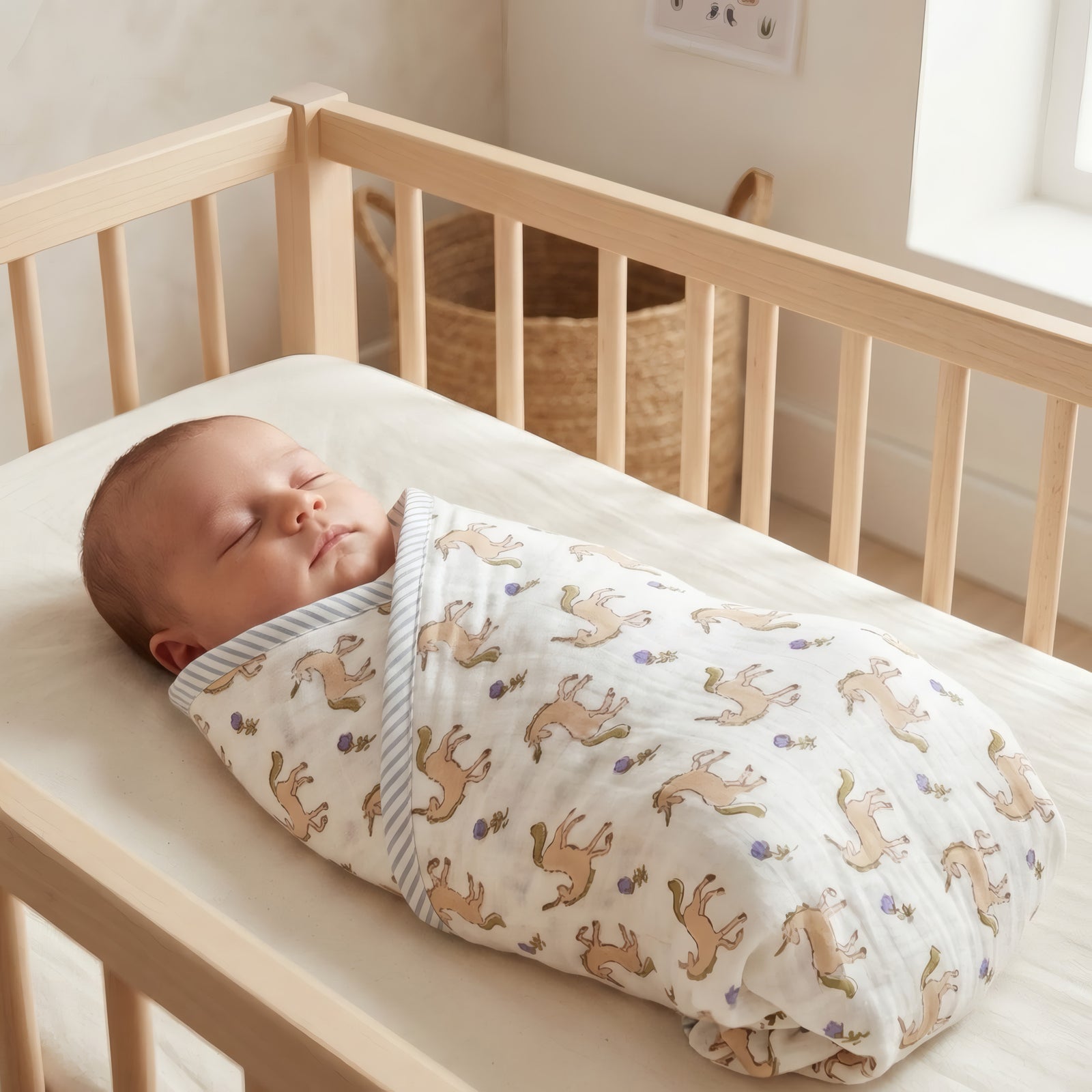 Unicorn & Dolphin print hand block-printed cotton muslin baby swaddle set