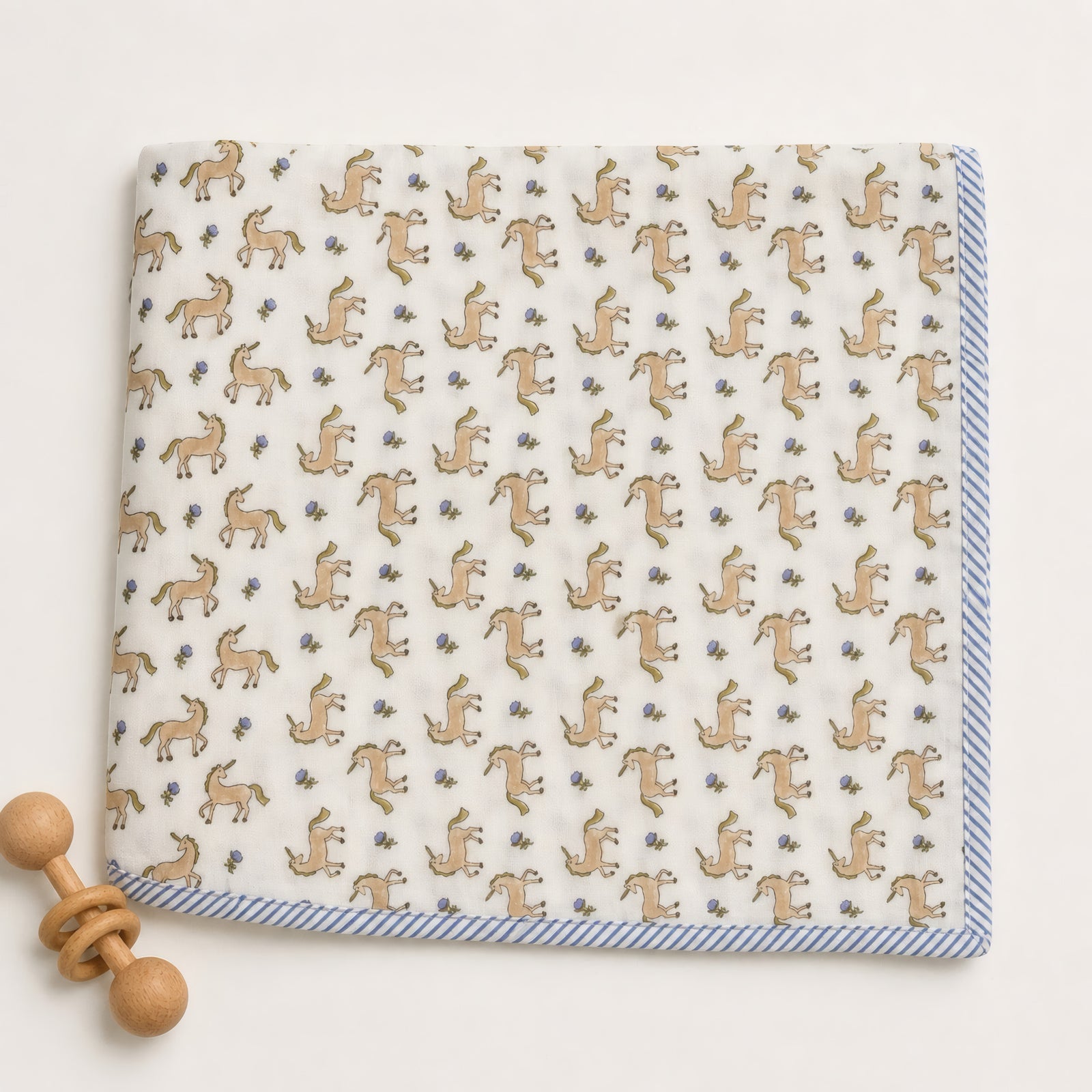 Unicorn & Dolphin print hand block-printed cotton muslin baby swaddle set