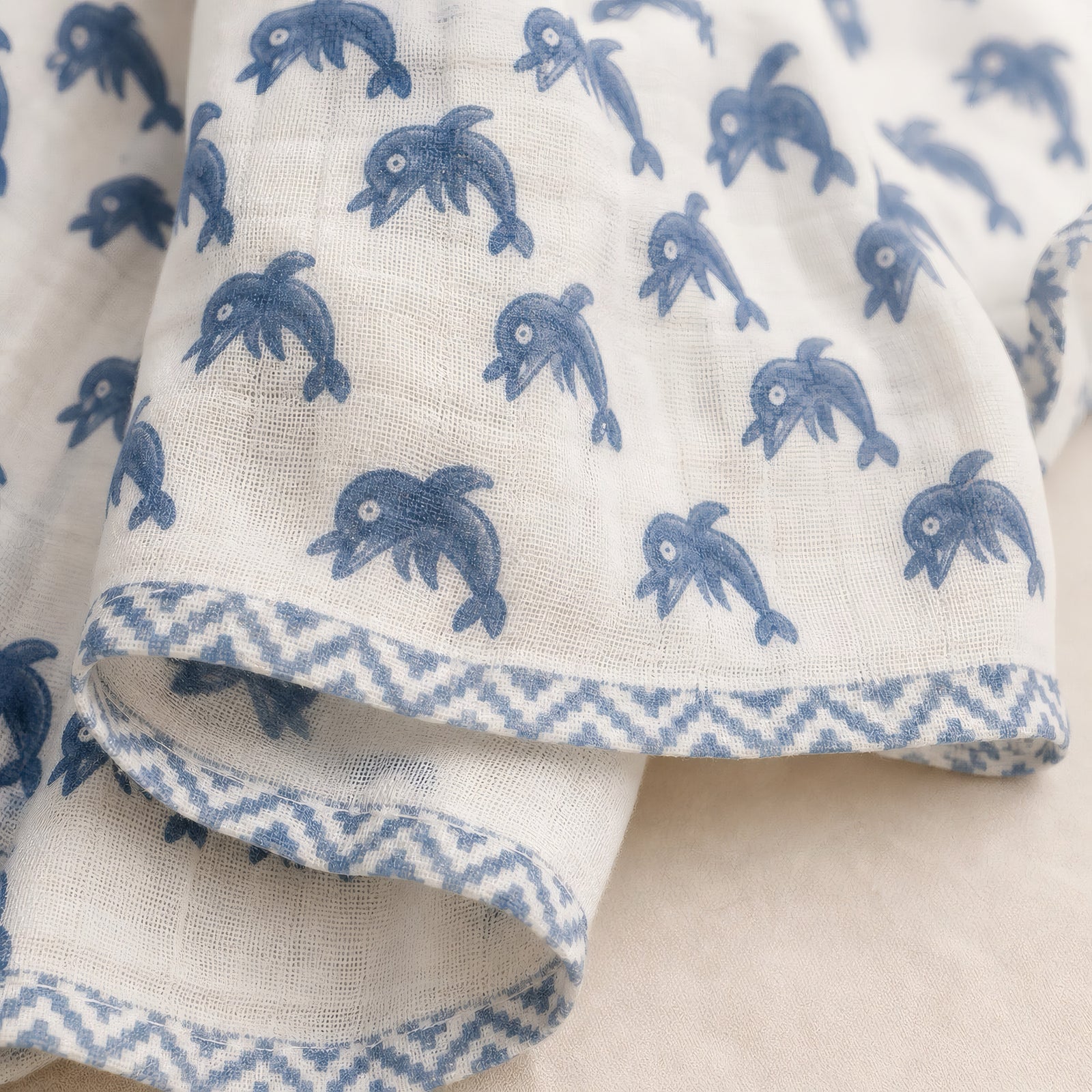Unicorn & Dolphin print hand block-printed cotton muslin baby swaddle set
