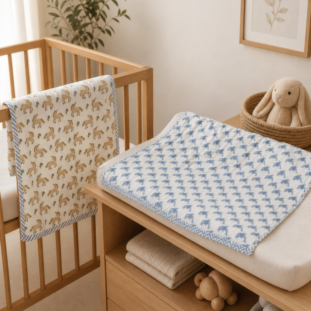 Unicorn & Dolphin print hand block-printed cotton muslin baby swaddle set