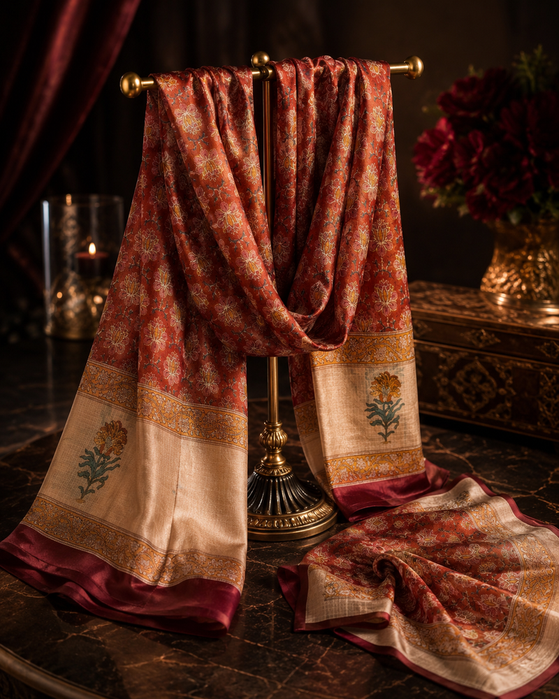 Rust and maroon hand block-printed silk scarf and matching pocket square, styled on a stand with candles.