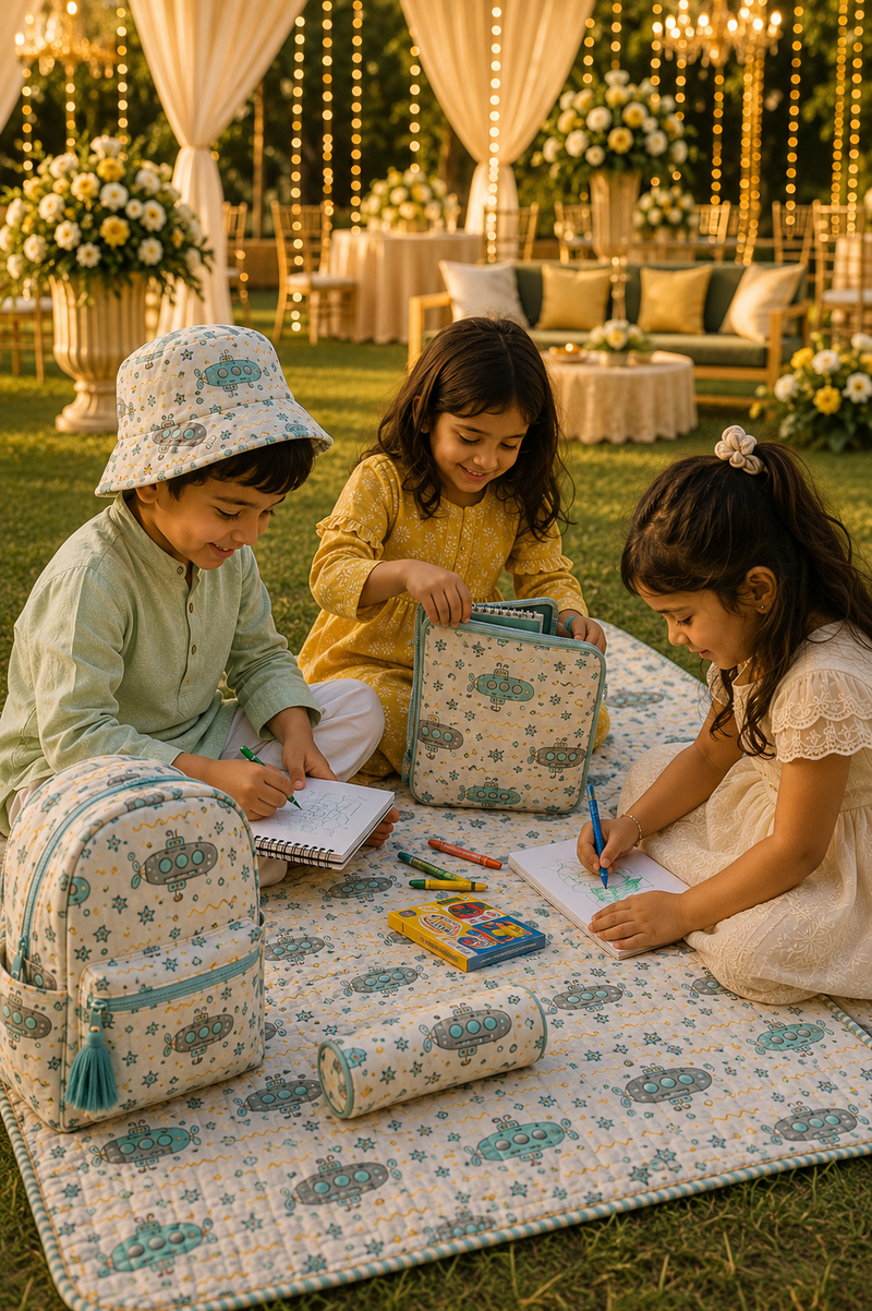 Children drawing at a wedding reception with a block-printed backpack, pencil roll and quilted playmat.