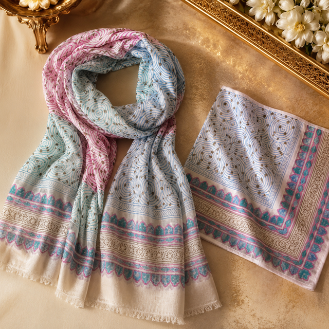 A collection of hand block-printed wedding return gifts — scarves, table linen, towels, a jewellery pouch, a rolled quilt and a wine bottle cover.